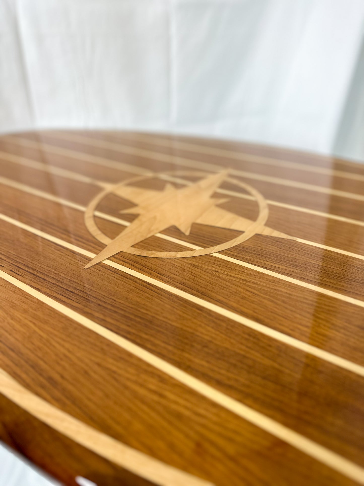 23" x 43" Teak and Holly Oval Table with Maple Compass Rose