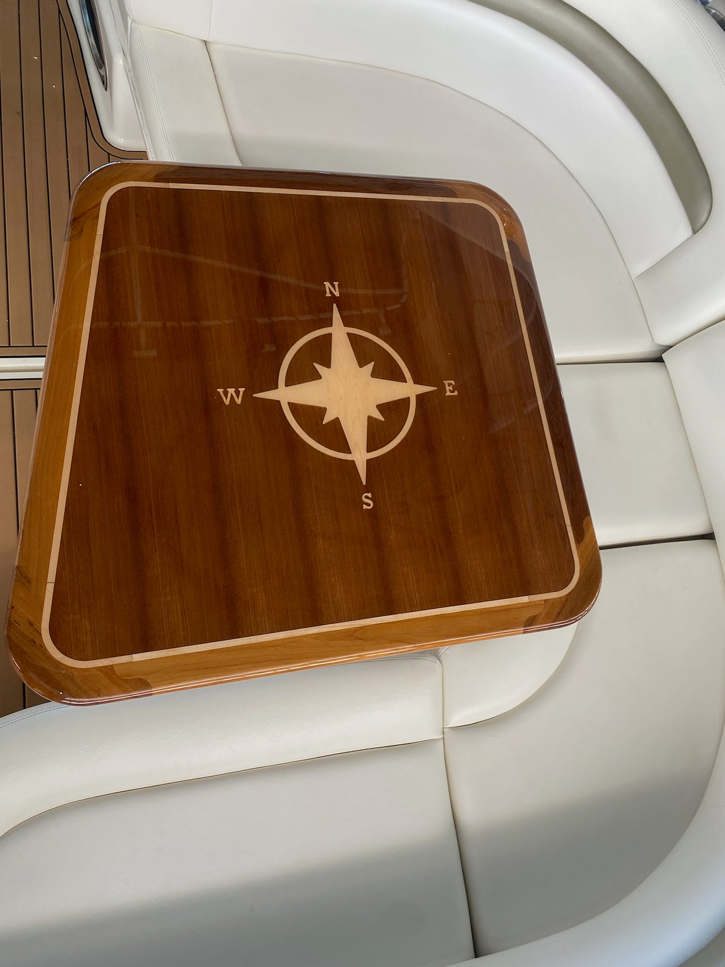 32"x35" Teak Boat/Yacht table w/ Maple Compass Rose