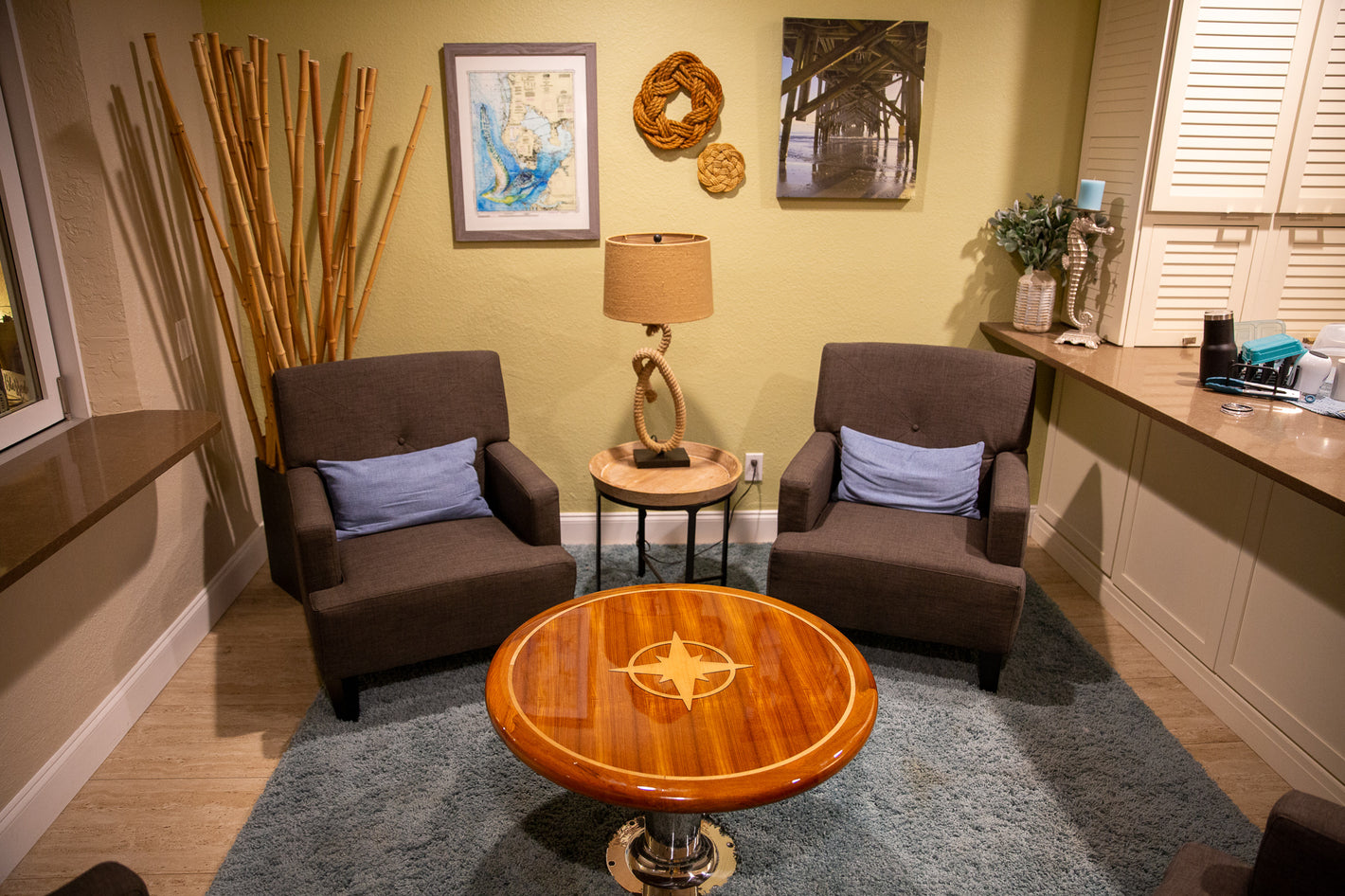 IN29 - Teak Table with cherry border and solid brass inlay on 34 Sea Ray -  Global Shipwrights